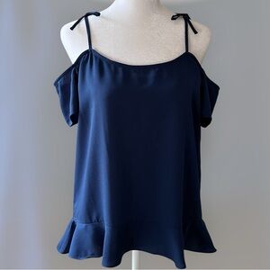 cooper & ella blue cold shoulder / off shoulder flowy flutter sleeve top